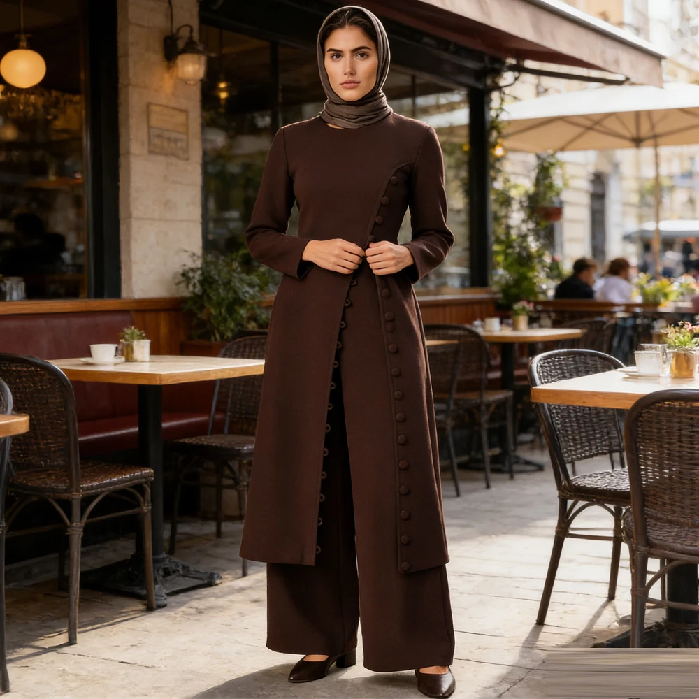 

2 шт., одинаковый комплект для мусульманских женщин, топы с длинными рукавами, брюки, костюм, исламская одежда, турецкий кафтан, Дубай, Абая, Femme Musulmane, ансамбли