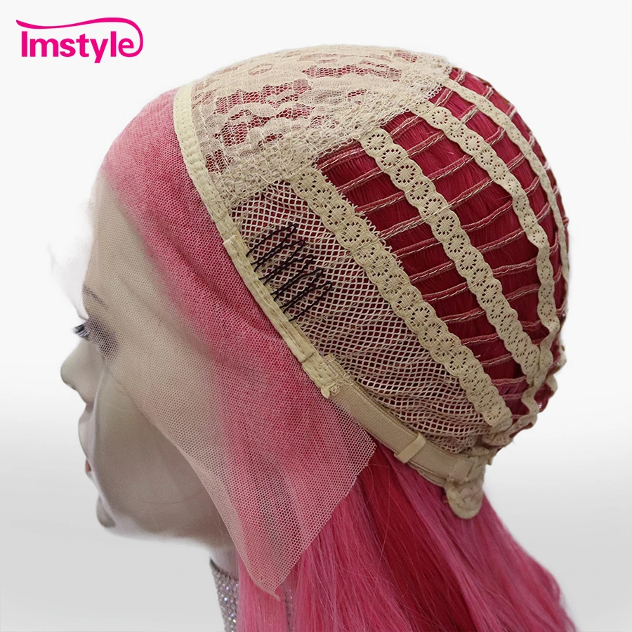 Imstyle-peluca larga sintética con malla frontal para mujer, cabellera ondulada Natural, color rosa degradado, fibra resistente al calor, para