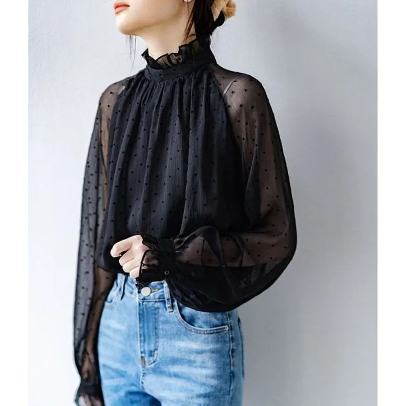 2023 New Spring Fashion Solid Standing Collar Polka Dot Ear Collar Lantern Sleeve Temperament Commuter Women\'s Unique Shirt