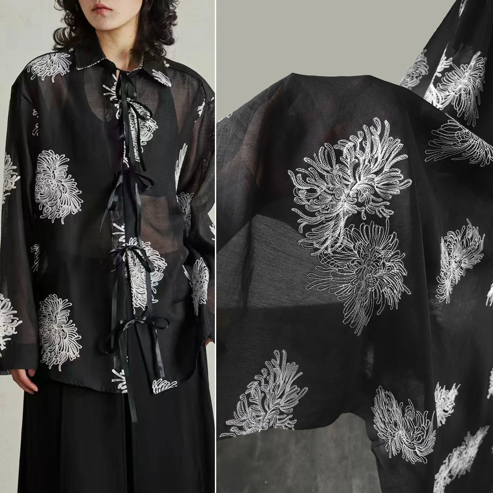 

Bla Embroidered Chiffon See-tough irt Dr Lightweight Drapy Gown Fabric Lyocell Fiber Floral Pattern Country...