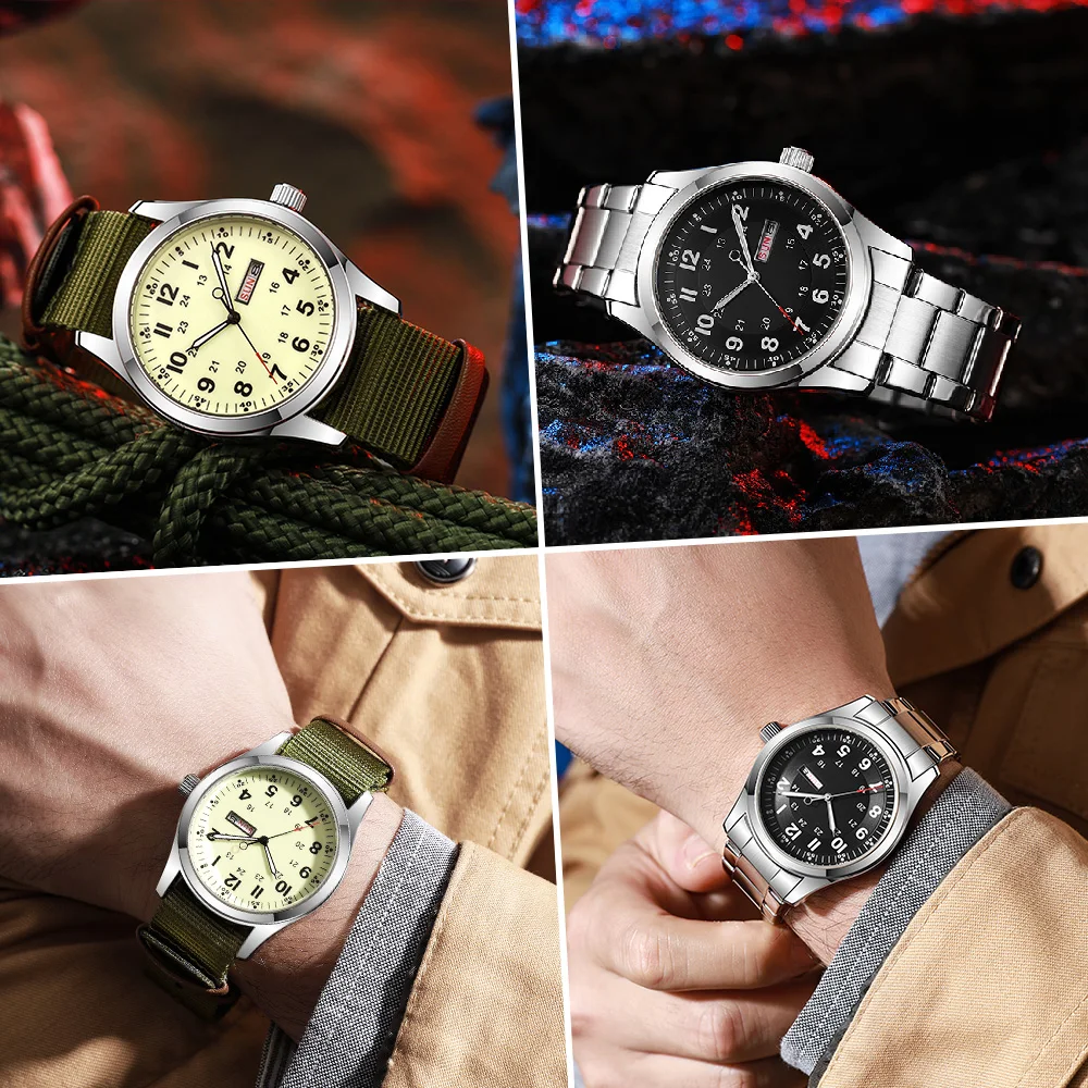 2026 42mm Luminous Dial Watch Day Date Function Green Canvas Strap 30M Water Proof Field Watch Khaki Strap Watch