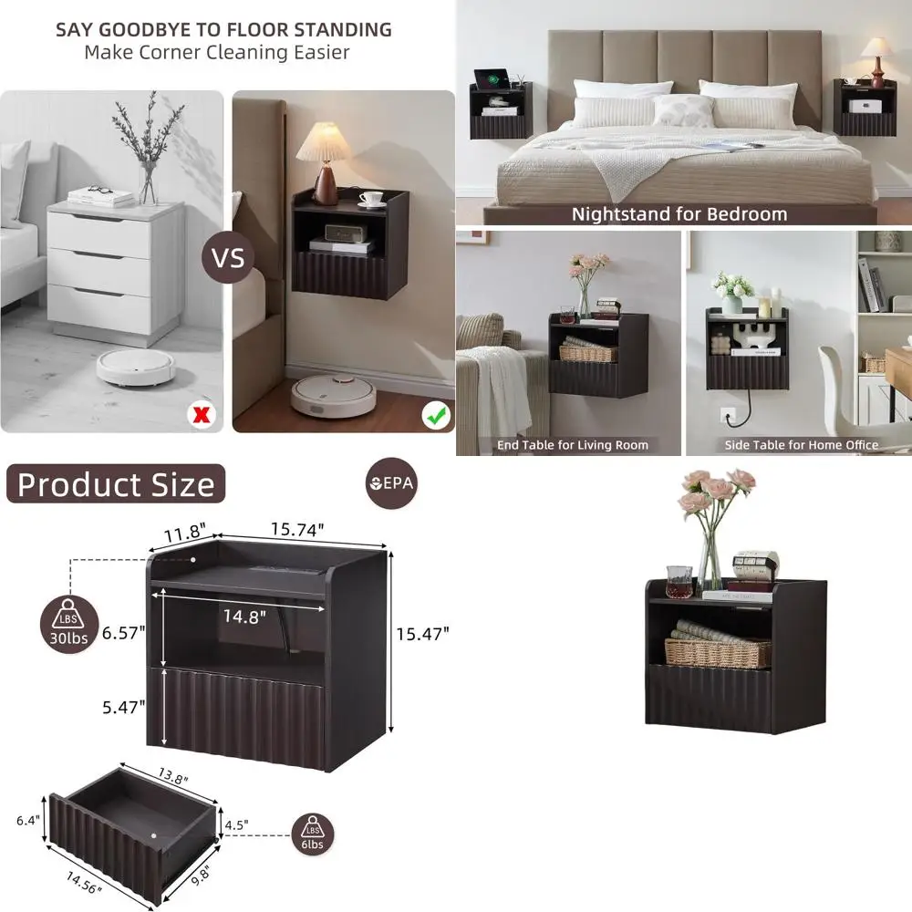 

Elegant Espresso Floating Nightstand with Drawer and Shelf - Wall-Mounted Storage for Modern Bedrooms