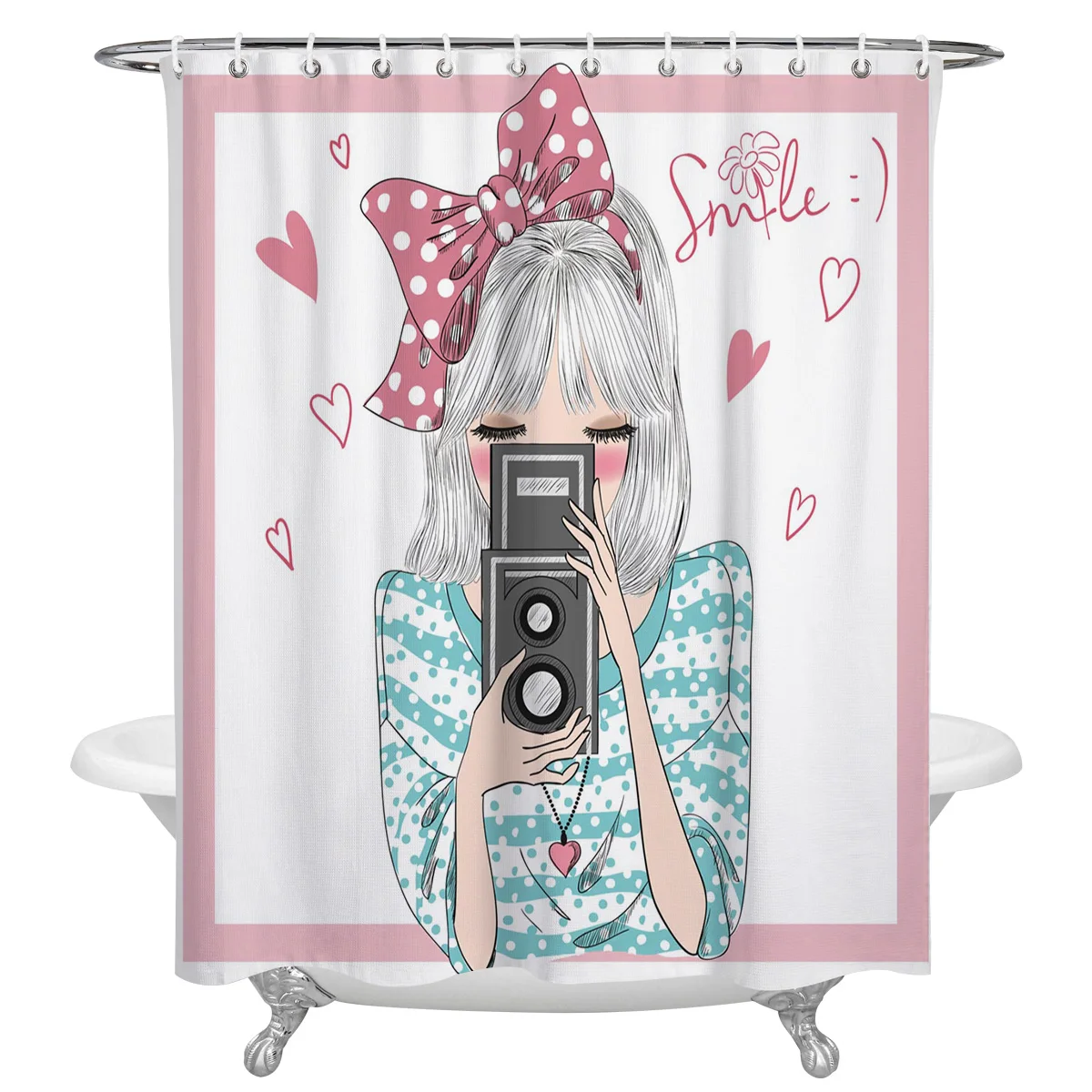 Girl Pink Bow Camera Waterproof Bathroom Decoration Shower Curtain With Hook Printed Bathtub Curtains Bathroom Accessories