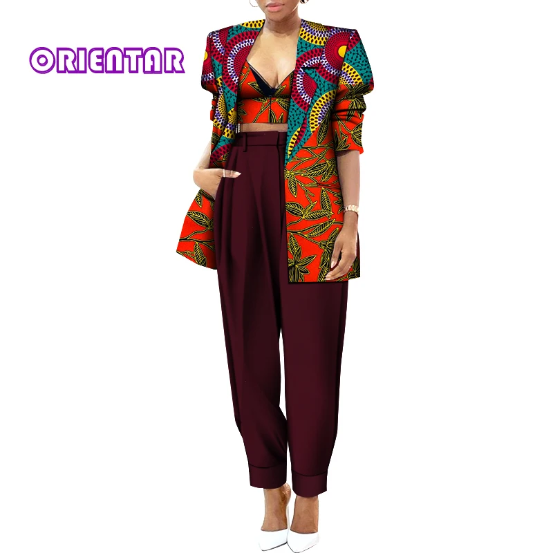 3 Pieces Women Set African Wax Print Crop Tops and Pants Suit 2021 New African Clothes Casual Outfits Africaine Femme WY641