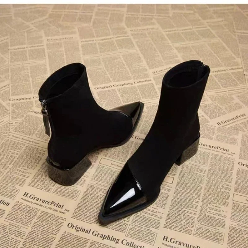 Ankle Boots Women Chunky Mid Heels Suede Shoes Woman Pointed Toe 2026 Trend Winter New Goth Walking Snow Chelsea Zapatos Mujer