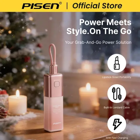 PISEN GlamVolt 5000mAh 30W Power Bank with Built-in USB-C Cable, 2-in-1 Wall Charger & Battery Pack, Fast Charging Travel Essential for iPhone 17/16/15, Samsung Galaxy S24/S23, Pixel 8/7 and More
