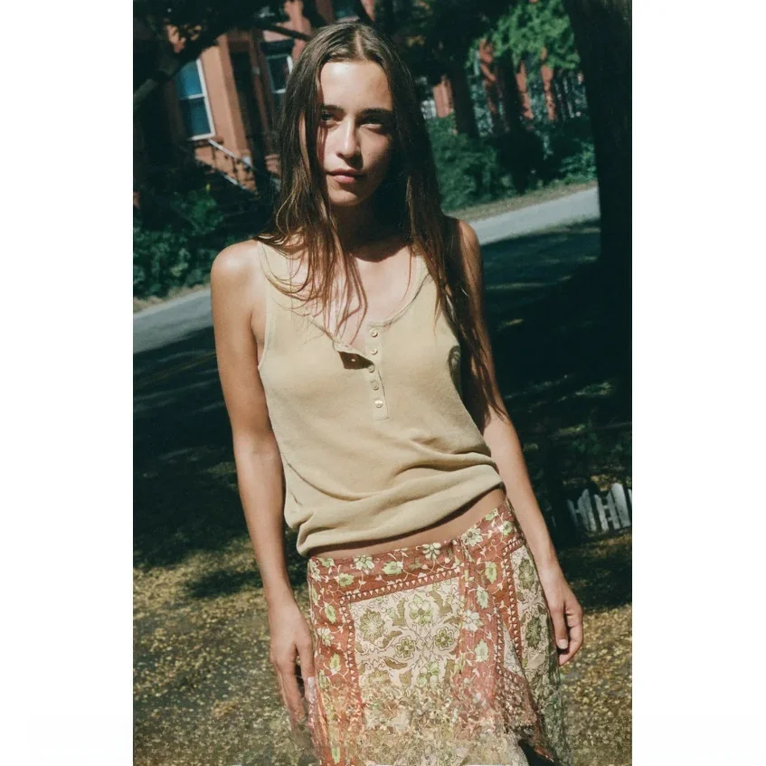 Autumn 2026 Women's Midi Skirt with Slit Design Linen Fabric Print Gauze Skirt H-Shape Straight Cut mid Waist Ladies' Skirt