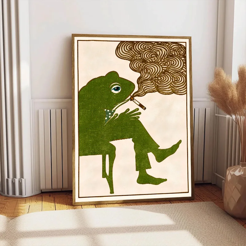 1pc Canvas Painting frameless Retro Japanese Smoking Frog Poster Cross-Legged Frog Wall Art Print Humorous Decorative Painting H