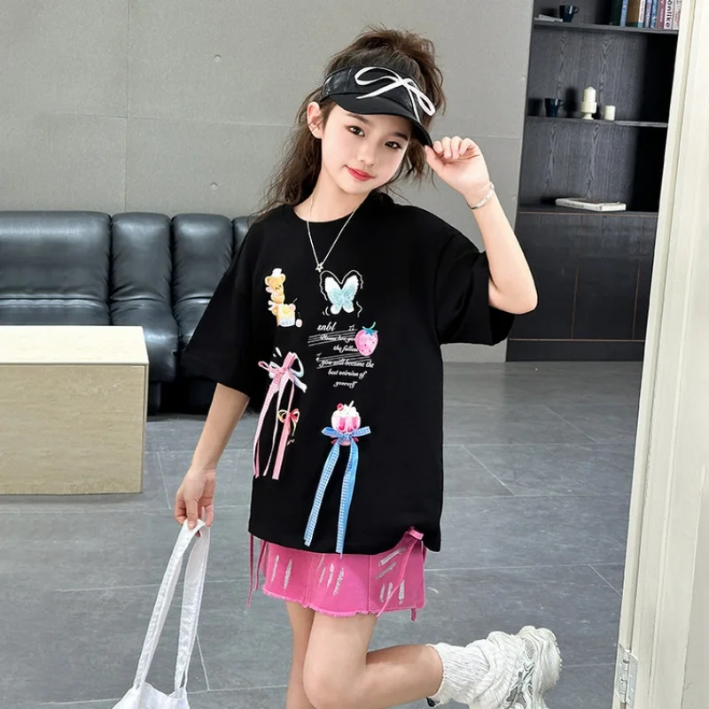 الفتيات الصيف المطبوعة قصيرة الأكمام مجموعة تي شيرت في سن المراهقة كعكة تنورة للأعمار 7-14 قطعتين مجموعة الأطفال مجموعة #6