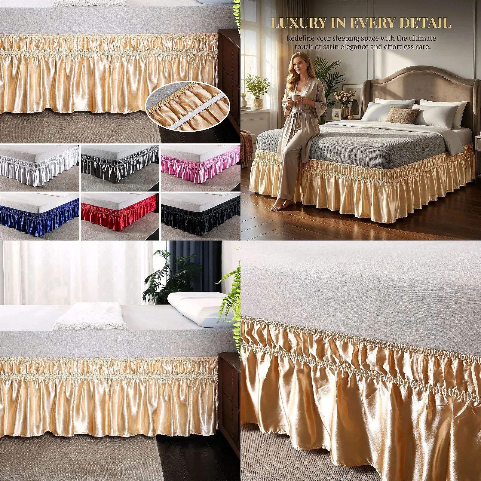 Adjustable Pleated Wrap Around Dust Ruffle Bed Skirt Satin Fabric Wrinkle Resistant Full Size Bed 14 Inch Drop