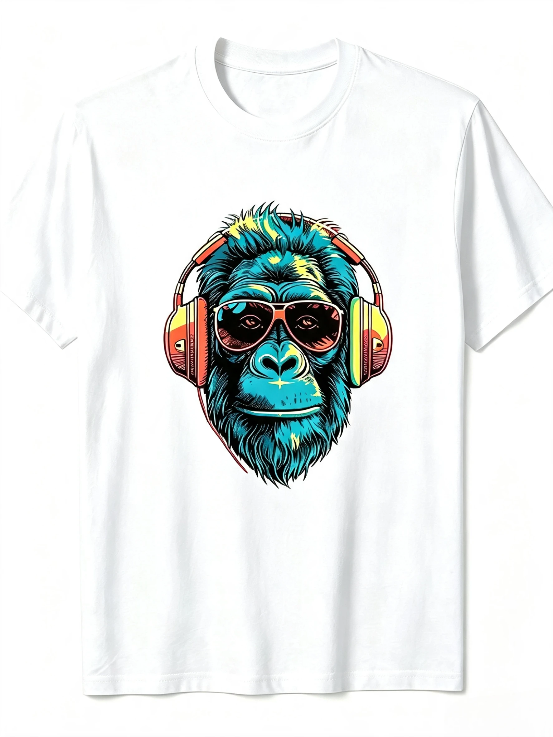 Gorilla with Headset T-shirt Men Women Hip Hop Music Animal Printed Tee Loose Daily Trend Tops