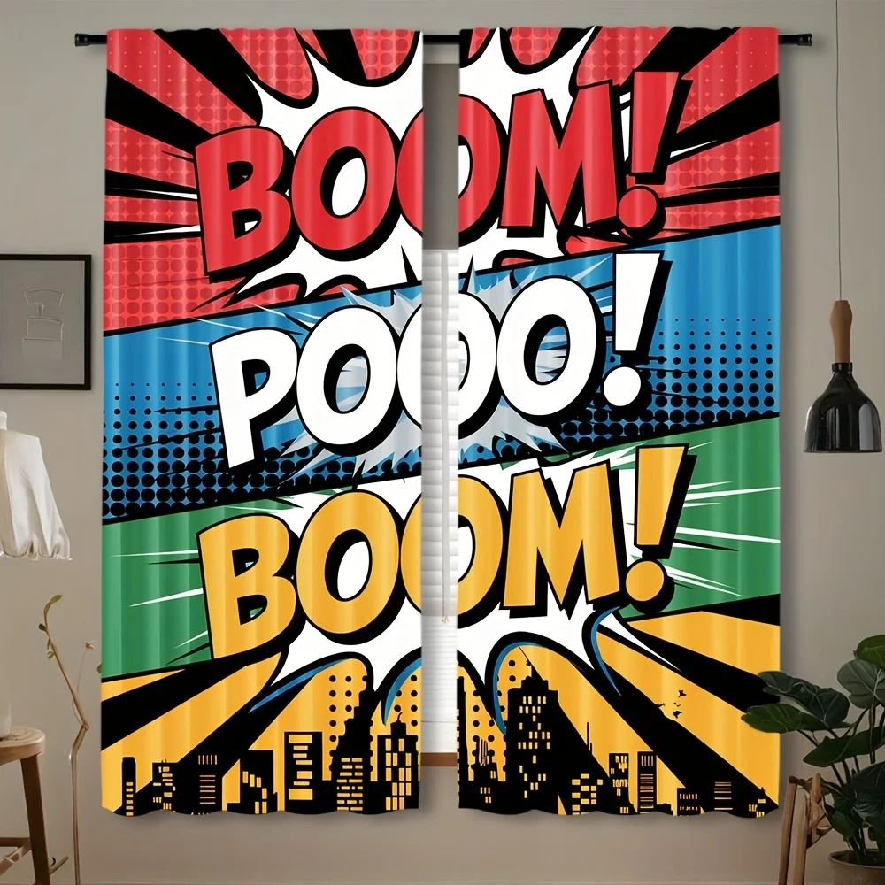 Retro Comic Rod Pocket Curtain Boom Pooo Sound Word Burst Strip City Skyline Pattern Trendy Teen Bedroom Living Room Decoration