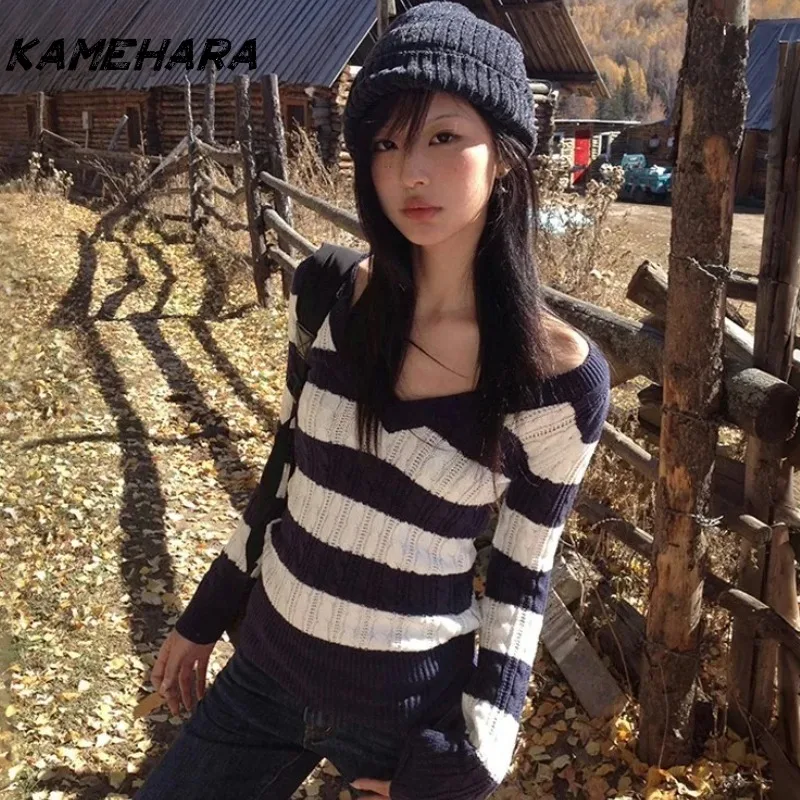 

KAMEHARA Japanese Y2k V-neck Striped Sweaters Vintage Harajuku Knit Slim Pullovers Korean Style Winter Knitwear 2000s Aesthetics