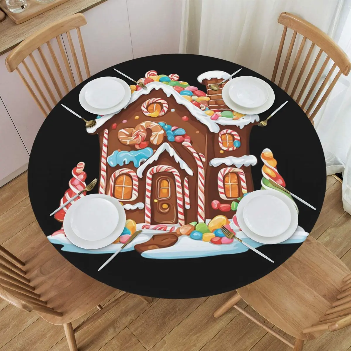 Whimsical Gingerbread House Full Of Joy Waterproof Round Tablecloth Oilproof Table Cloth for Kitchen Events Dining Table Cover
