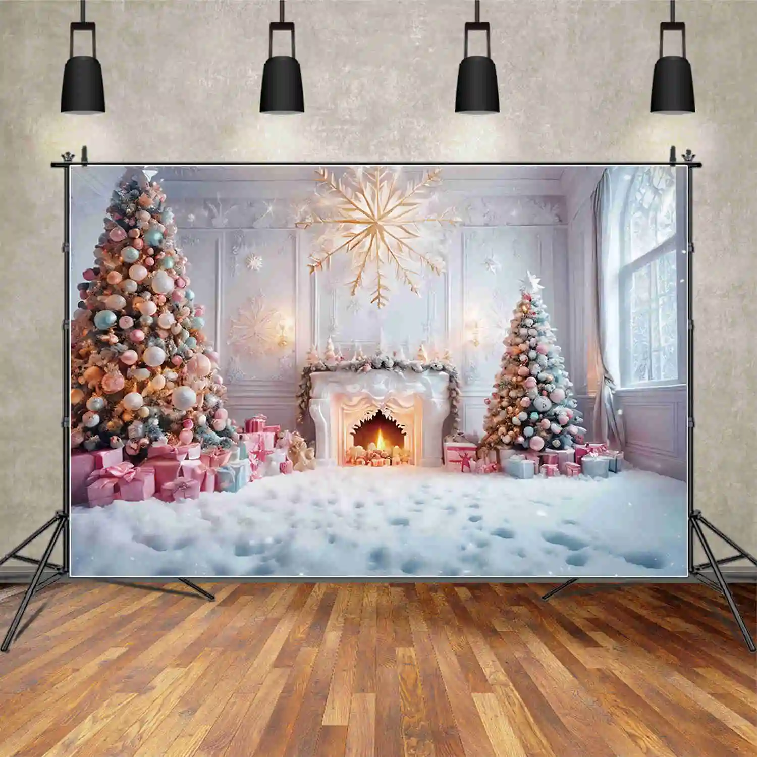 

MOON.QG Christmas Living Room Backgrounds Ornaments Tree Snow Fireplace Frozen Backdrops Party Decoration Photozone Supplies