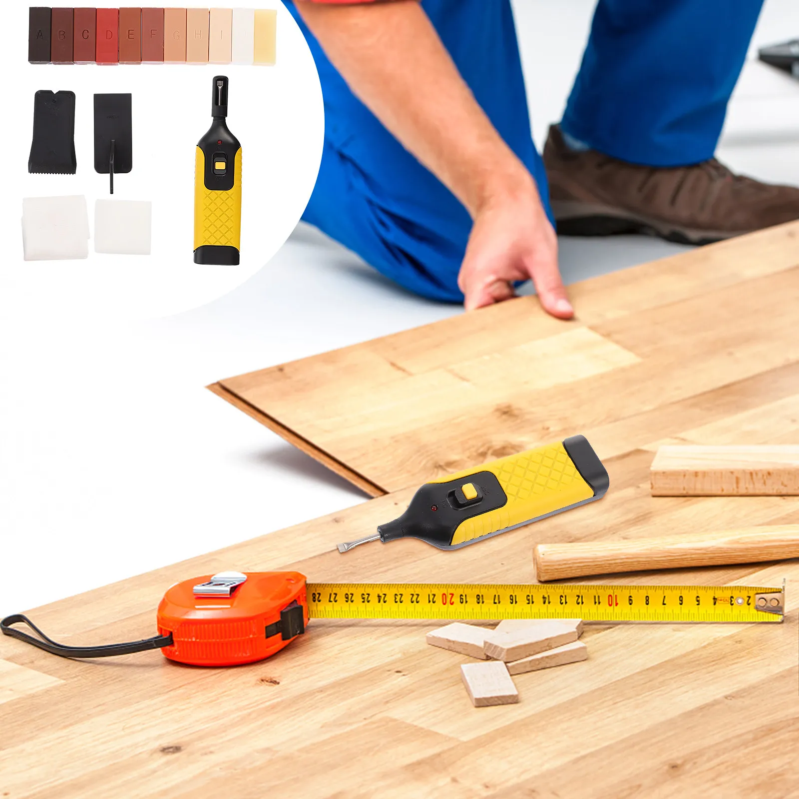 

1Set Floor Gap Repairing Tool Kit with Wax Block Electric Iron Scraper Cleaning Sponge Rag Storage Box for Laminate Solid Wood