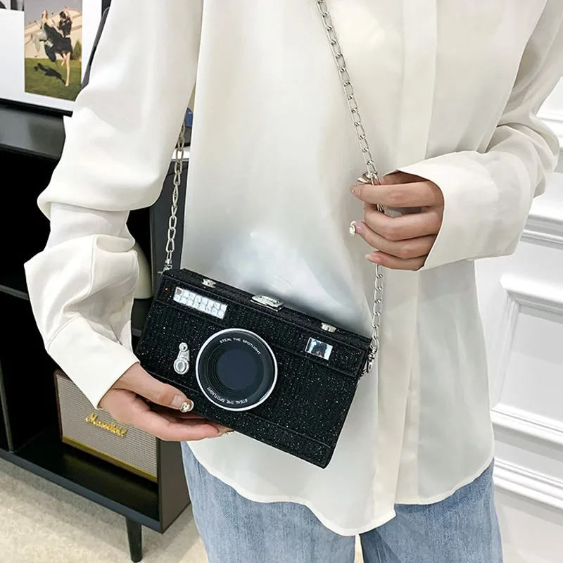 

Women Chain Shoulder Bag Pink Camera Creative Chic Purse Trendy Cute Small Square Bag PU Leather Personality Funny Crossbady Bag
