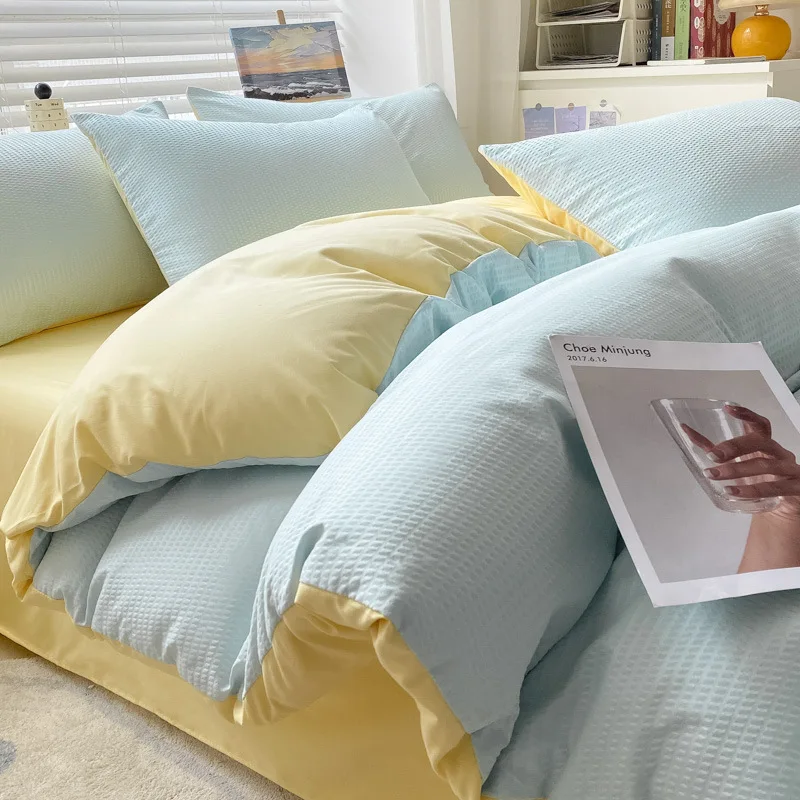Super Soft Two-Color Waffle Bedding Set Simple Skin-Friendly Bedclothes for All Seasons Bedsheet Quilt Cover Pillowcase for Home