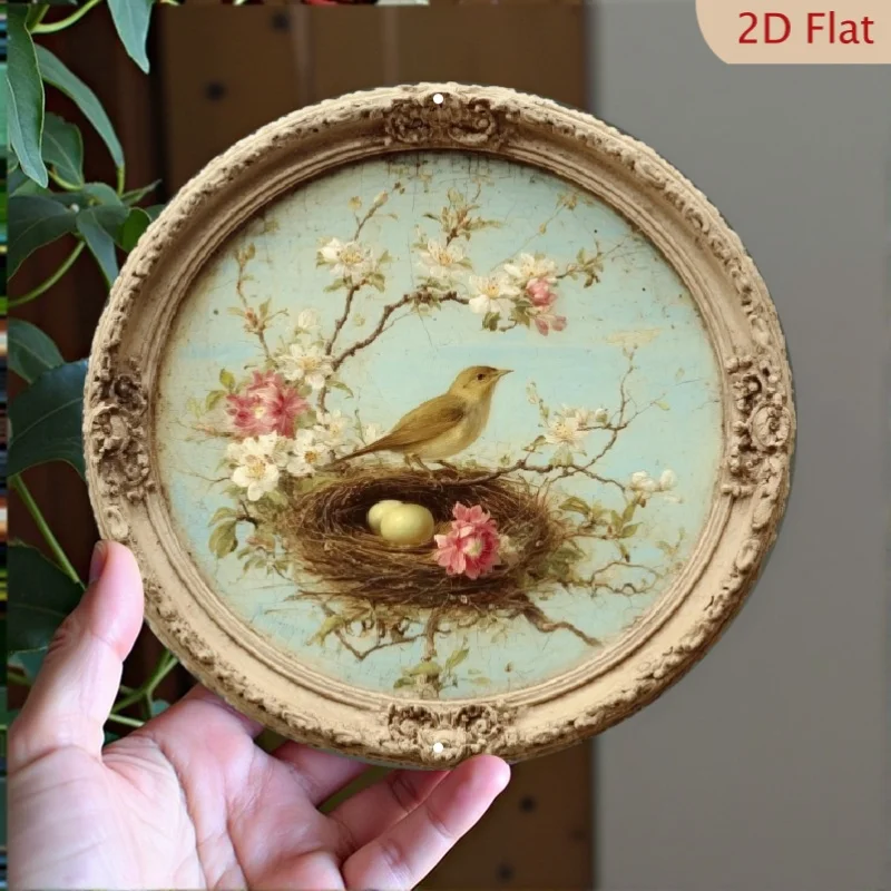 2D Flat Metal Vintage Bird Nest Egg Wall Decor - a Cozy Farmhouse Style Nest with Eggs, Featuring a Soft Floral Background, 8X8