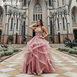 Jessica Glitter Lace Embroidery Prom Dresses Fluffy Tulle Ruffled Pink Evening Dresses A-shaped Party Dresses 2024Wedding Dress