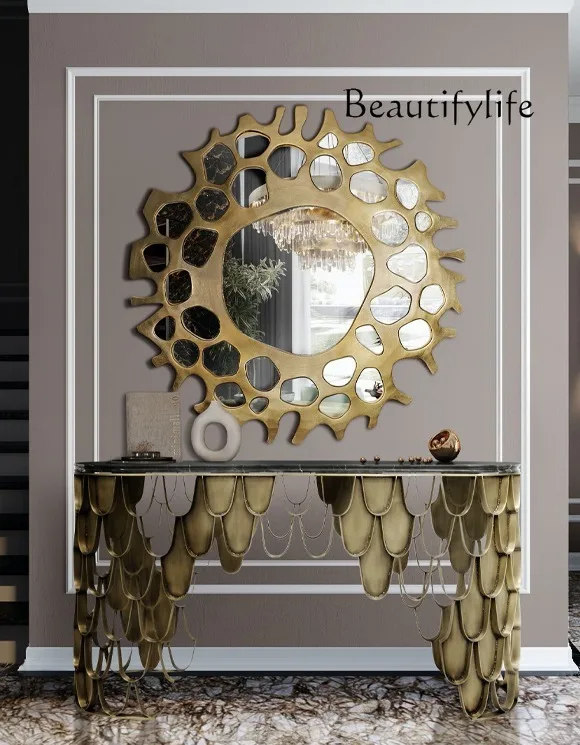 

Entrance foyer aisle entrance table light luxury high-end stainless steel marble surface black and white root case customization