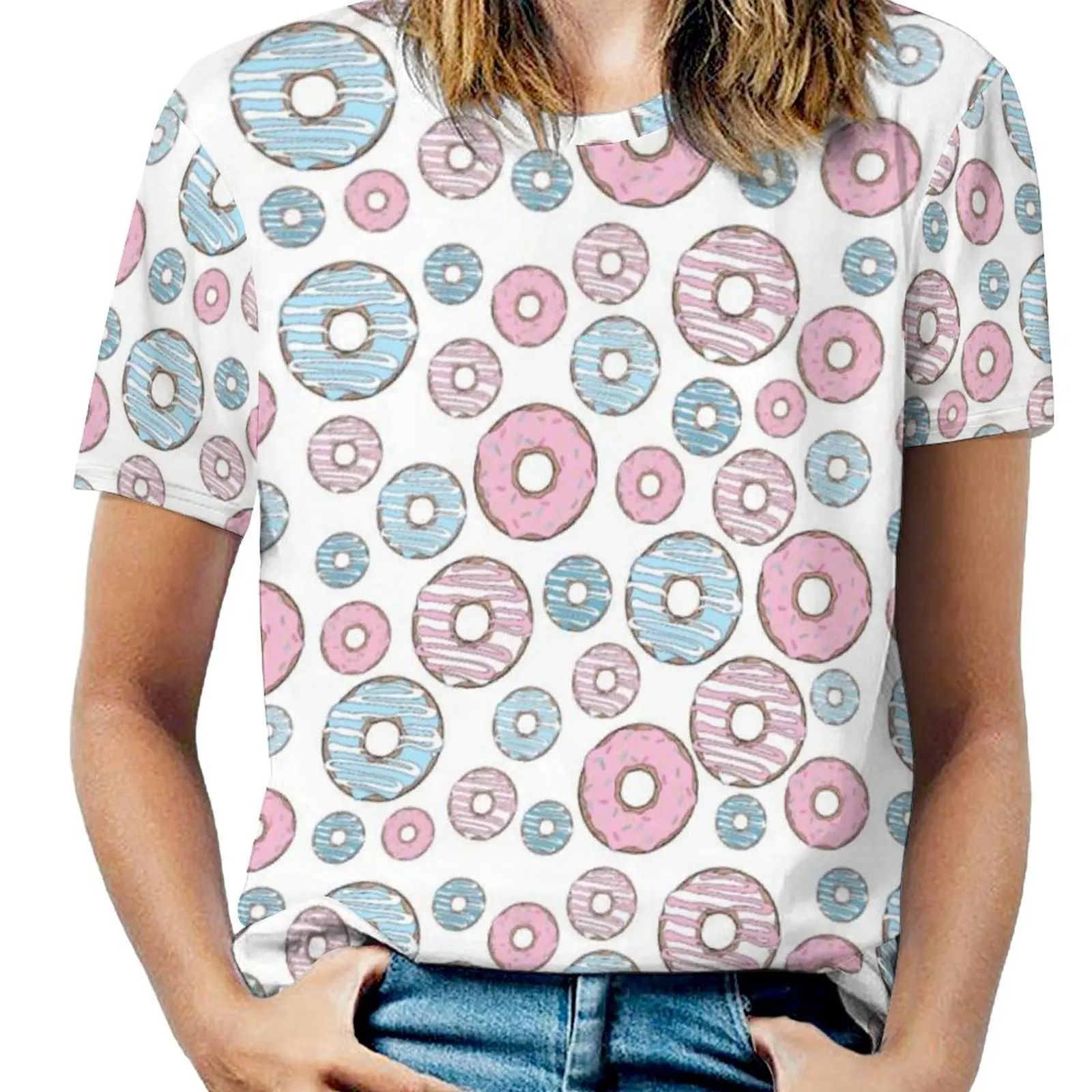 Abstract Doughnut T-Shirt O Neck Sweet Food Print Oversized T Shirts Short Sleeves Casual Tees Women Beach Vintage Design Tops