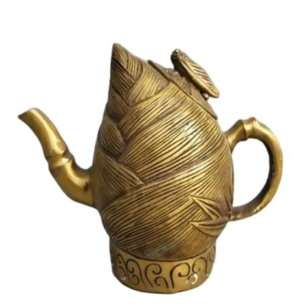 

Collection Chinese Brass Carved Plant Bamboo Shoots Animal Cicadas Teapot Beautiful Decoration Statue