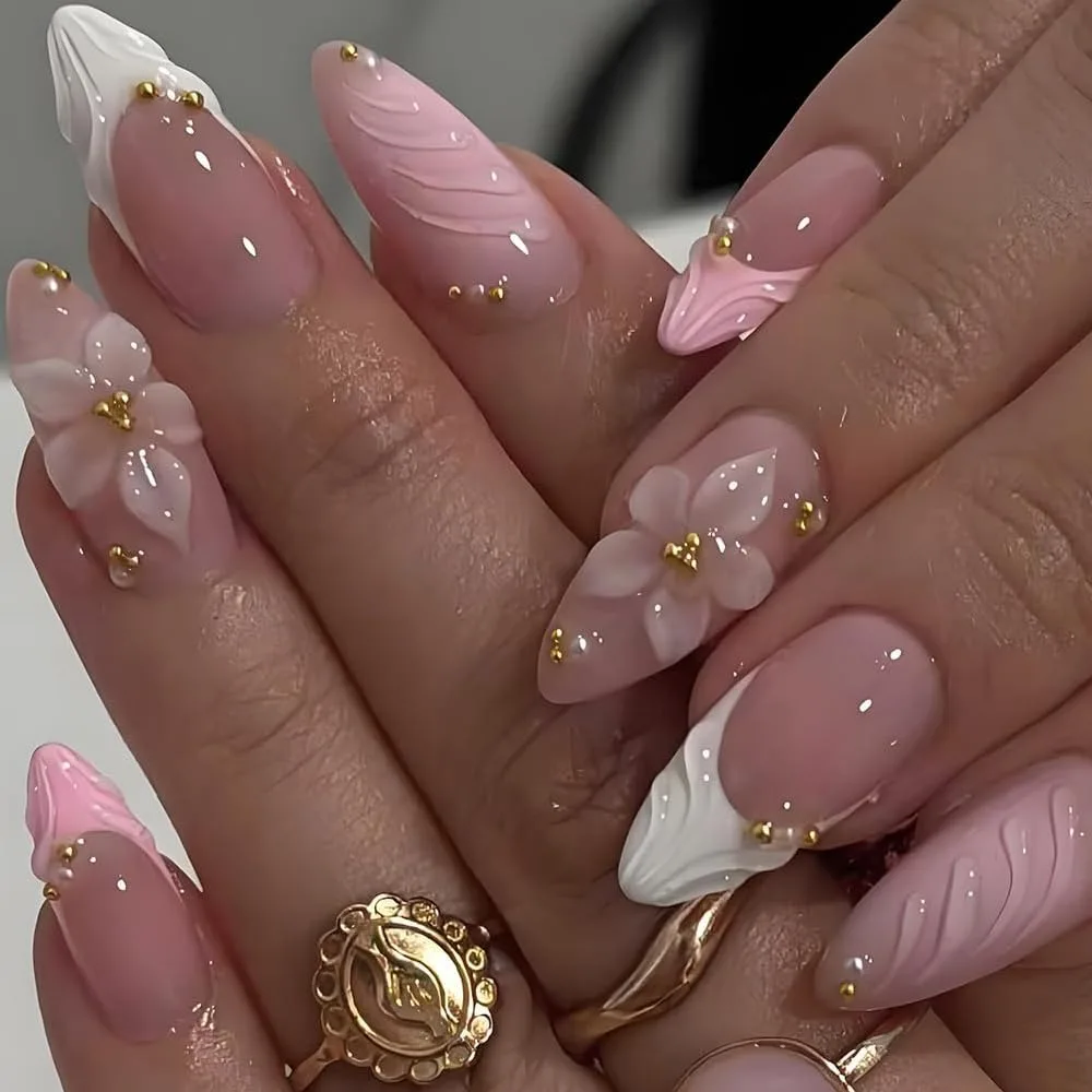 Artificial Nails Press on Full Cover Acrylic Fake Nails with Glue Kit False Nails Glue on Nails for Women Medium Stiletto Ballerina Coffin Square Almond Shape