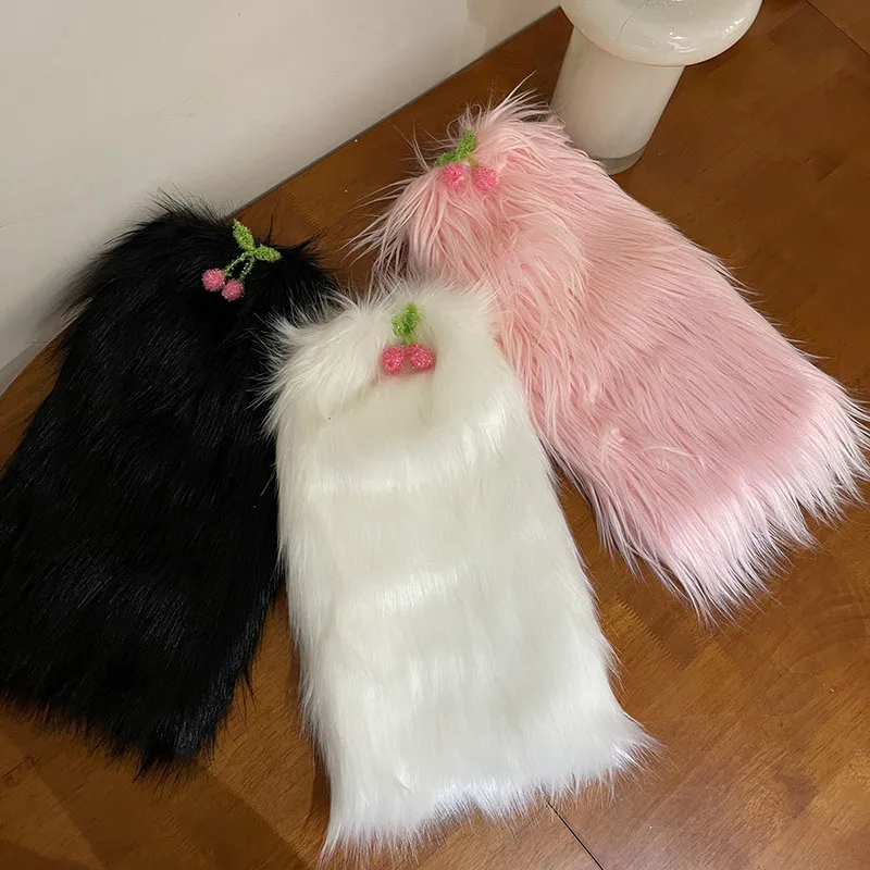 Kawaii Fur Faux Leg Warmers Cherry Lolita Japanese Women Leggings Boots Covers Y2k Girls Harajuku Fur Foot Warming New Year Gift