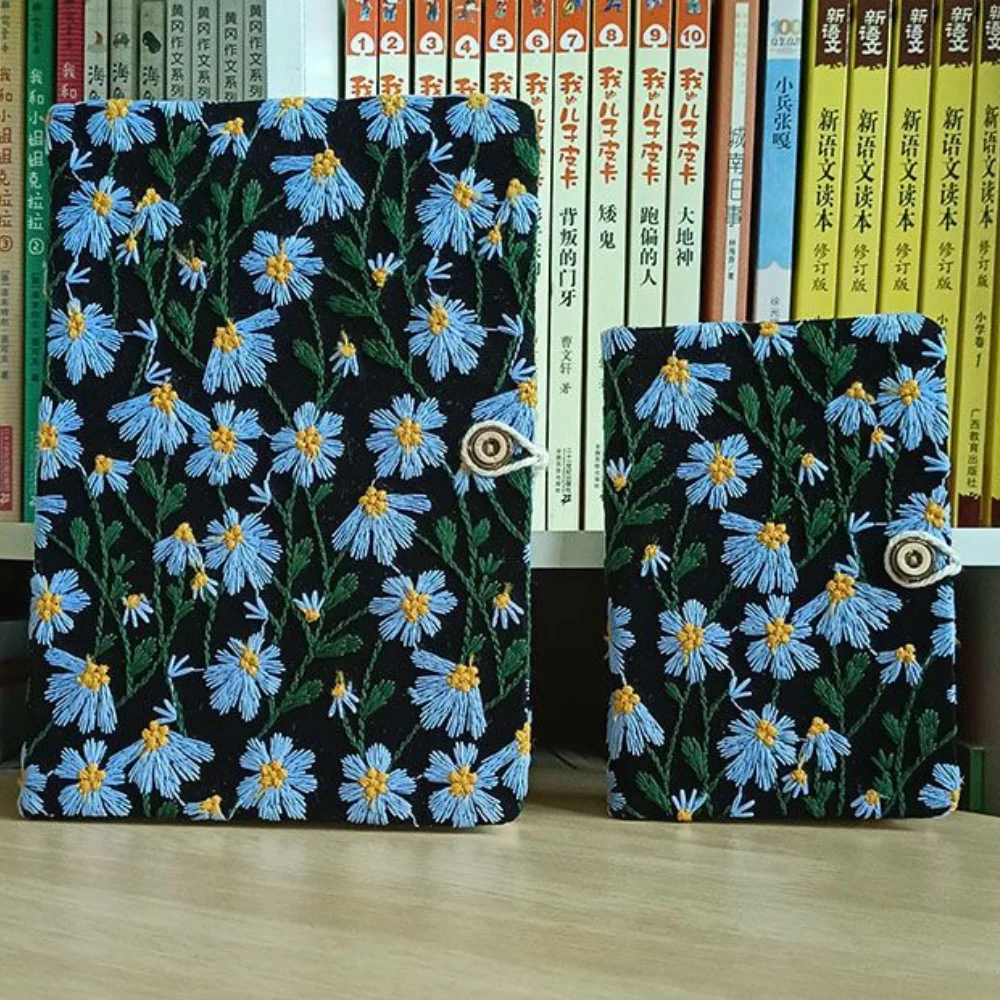 A5 A6 Embroidery Flower Notebook Portable Handbook with Button Student Diary High-Value Simple Notebook for Students Gifts
