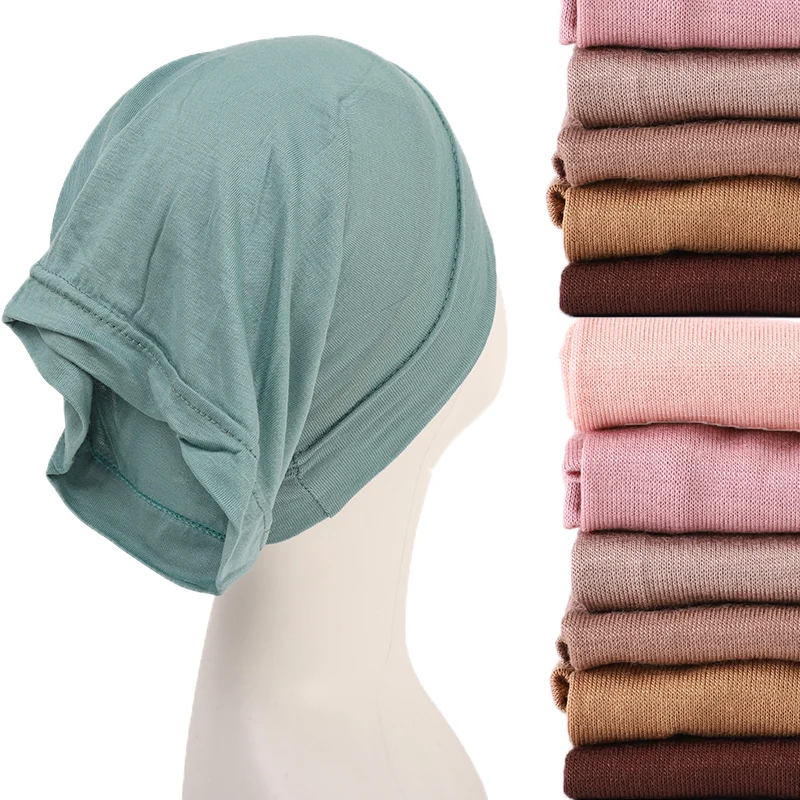 2023 soft solid color inner Hijab Caps Muslim stretch Turban cap Muslim Fashion Islam Hijab Cap Scarf For Muslim Women Headscarf