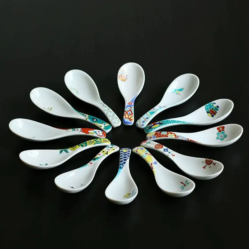 Authentic Japanese Imported Kutani Ware Painted Table Japanese-Style Soup Rice Spoon, Ceramic Spoon