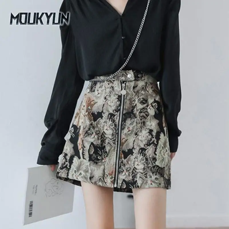 原宿女性猫柄スカート韓国ファッション A ラインハイウエストヴィンテージ漫画ストリート女性スカート Faldas Mujer