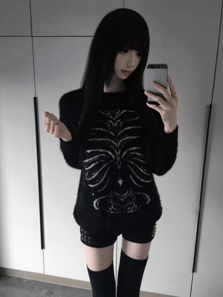 Subculture Gothic Autumn Loose Black Turtleneck Sweater Dark Vintage Long Sleeve Y2k Casual Spicy Girl Knitted Sweater Women
