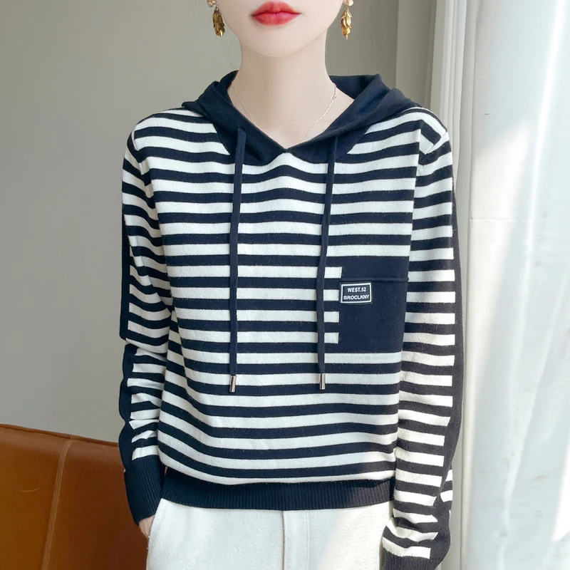 New Fashion Autumn/Winter Soft Wool Knit Hooded Top For Women Pullover Two-Color Striped Long-Sleeved Hooded Sweater DMR500 5