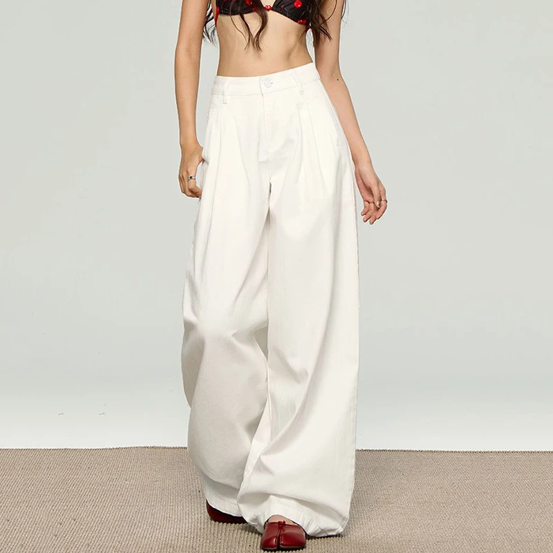 Pantalones vaqueros de pierna recta holgados blancos coreanos, pantalones vaqueros holgados de cintura alta a la moda para mujer, pantalones de pierna ancha de gran tamaño 2026 para mujer