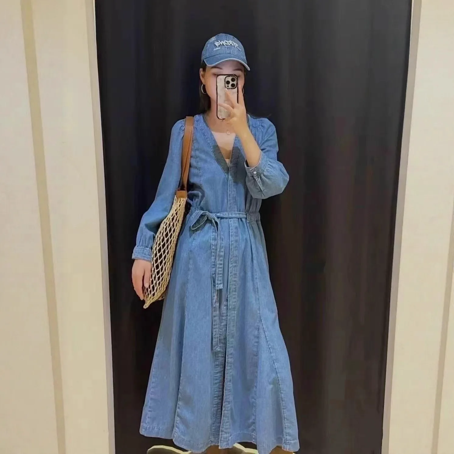 

Retro Belted Midi Denim Dr Women's V-Ne f Sve Cotton Vintage Sle Faion Autumn New Arrival Simple Ele