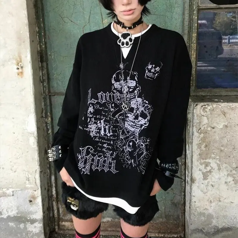 

Fake Two Pieces Skulls Printed T-shirts Women's Clothing Stylish Spliced Spring Autumn Casual Round Neck American Punk Pullovers