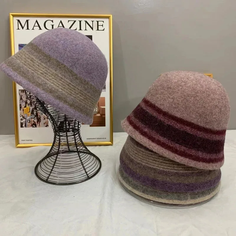 New 4 Colors Wool Winter Warm Bucket Cap For Women Top Quality Female Autumn Fisherman Hat Outdoor Thick Striped Hat Gift