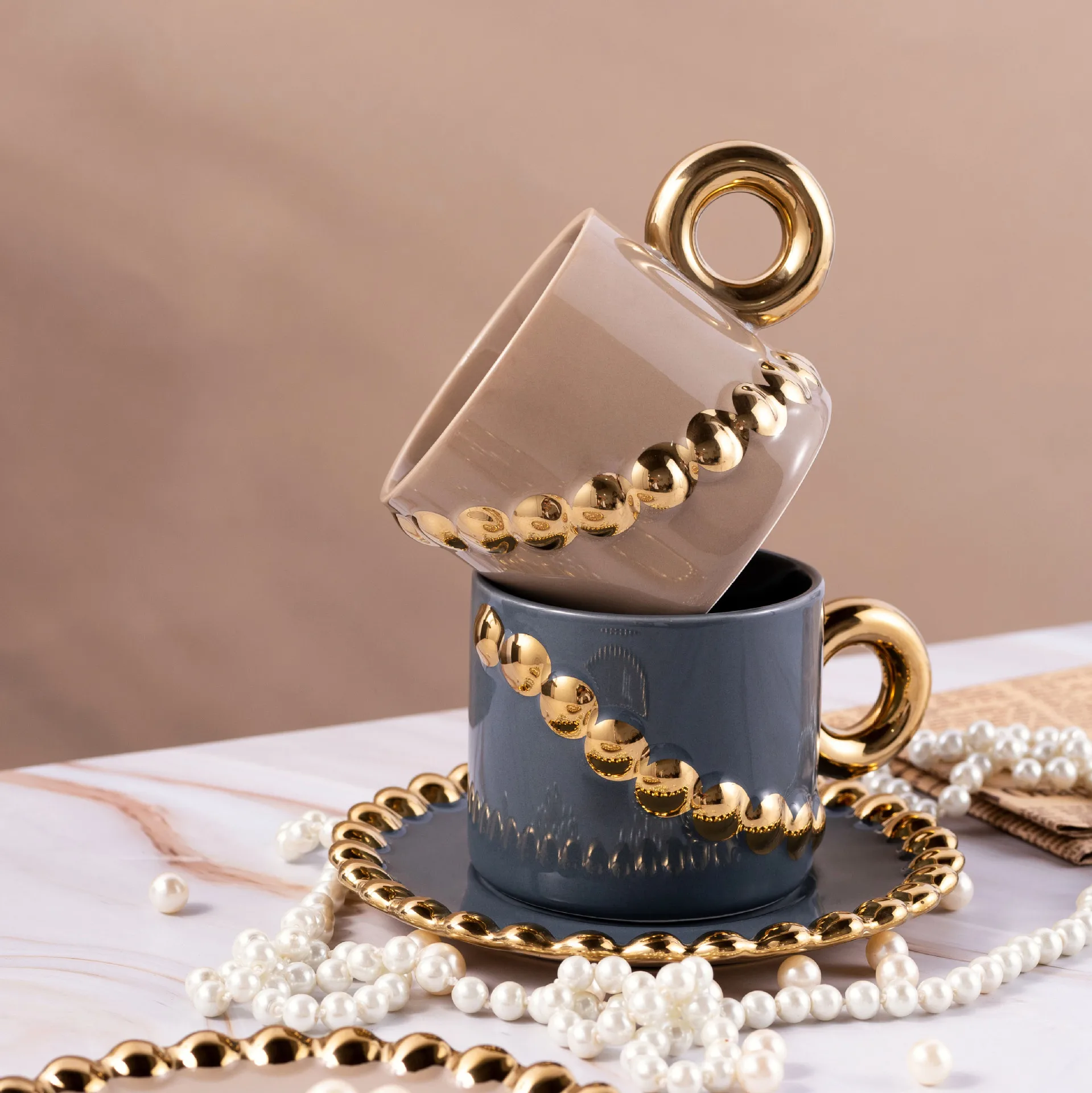 

New European Coffee Cup and Saucer Set Ceramic High-value Creative Bead Chain Retro Flower