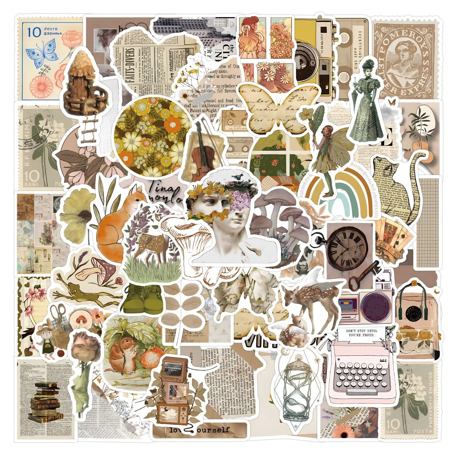 Lot de 100 autocollants de style vintage - Décalcomanies esthétiques rétro pour journaux et scrapbooking DIY