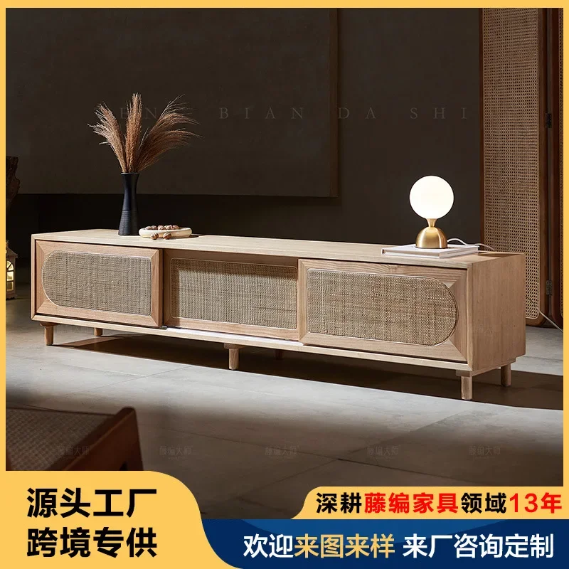 Japanese-style simple design rattan solid wood TV cabinet small apartment floor log storage cabinet living room homestay locker