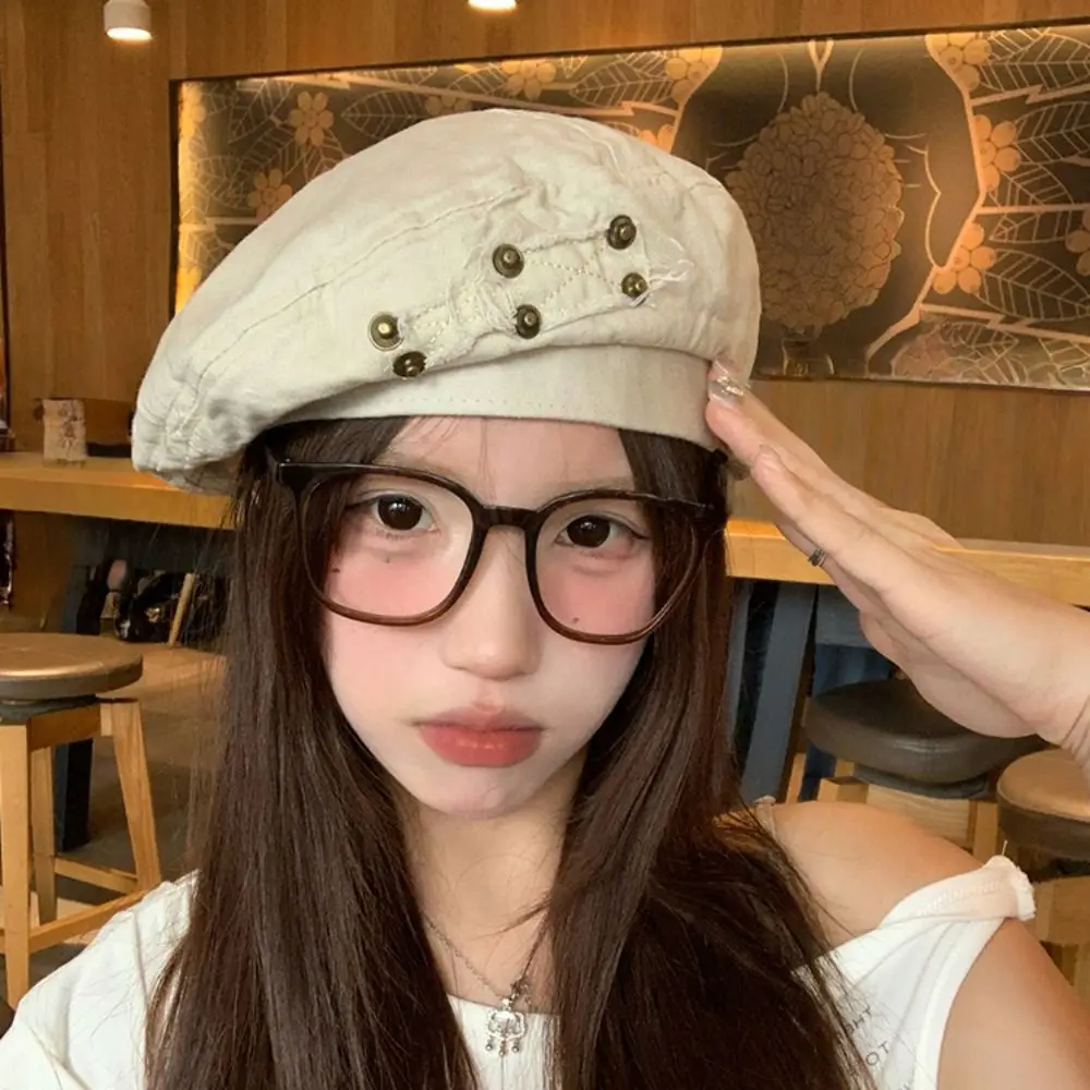 Fashion Japanese Style Washed Cotton Demin Berets Rivet Patch Retro Painter Hat Visor Khaki Artist Cap Men/Women