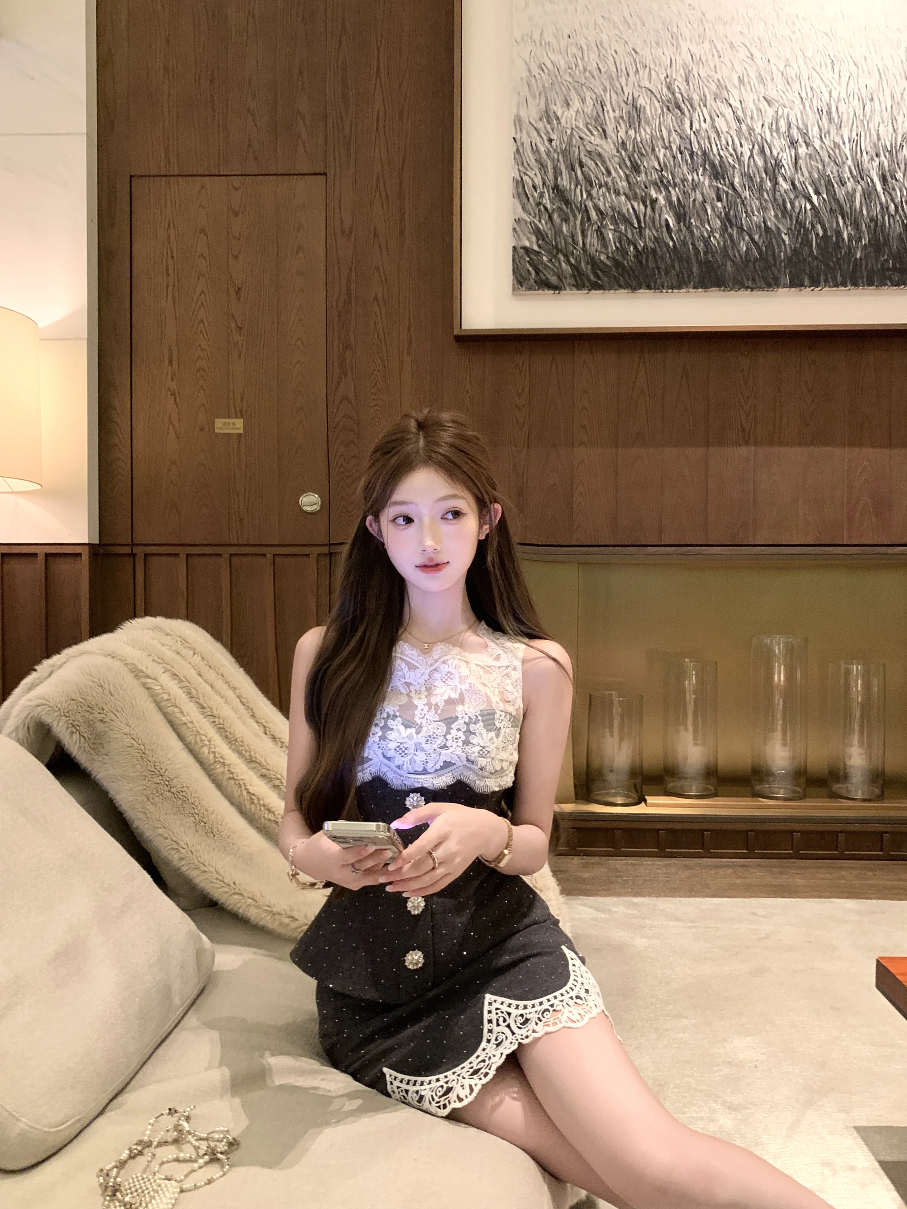 Grey Series Lace Drill Short Women's Top A-Line Skirt Summer Set Elegant Style High Waist Midi Skirt Sleeveless Fashion Set