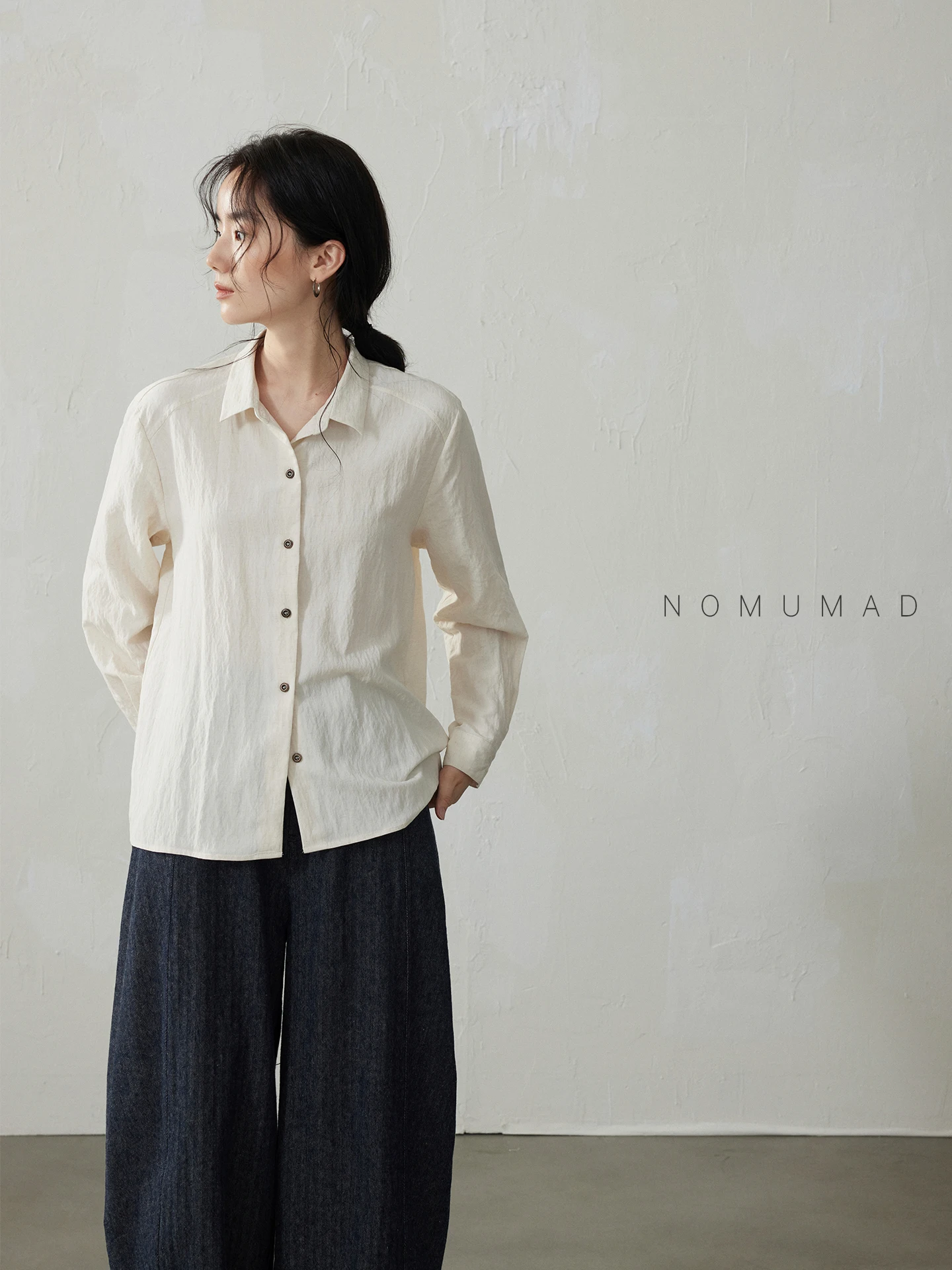 

Nomumad White Long Sve irt 2025 Autumn New Basic Versatile Simple Commute Turn-down Collar Top Women's Faion Breathable
