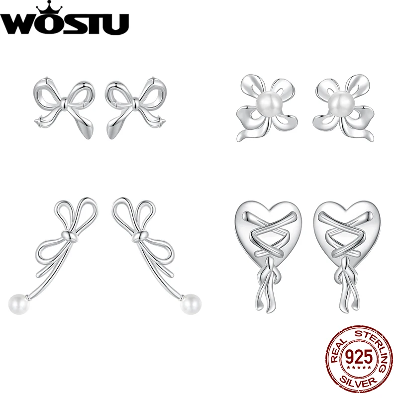 

WOSTU 925 Sterling Silver Bowknot Earrings Pearl Earrings Heart Bandage Stud Earrings For Women Party Daily Simple Fine Jewelry