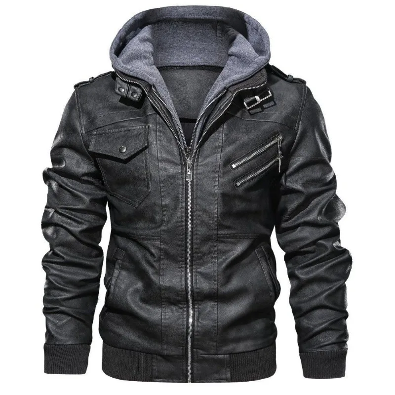 

Hooded Leather Jacket Men's Fashion Trend Motorcycle PU Leather Large-sized Middle-aged Young Coat Detachable Hat Casual Jacket
