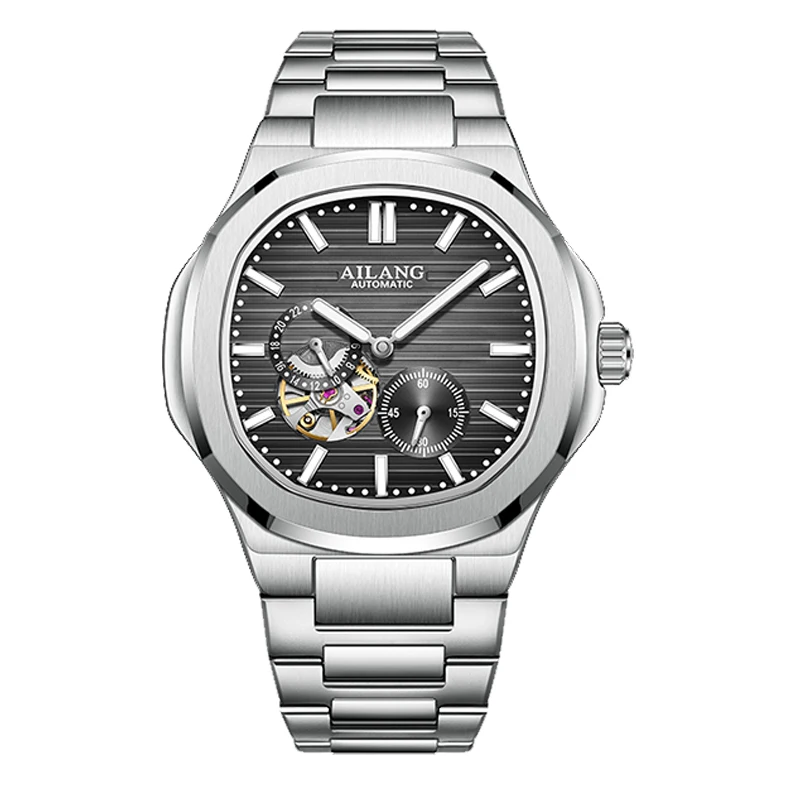 

Мужские квадратные механические часы с логотипом, классический деловой стиль, ремешок из нержавеющей стали, универсальные повседневные деловые наручные часы