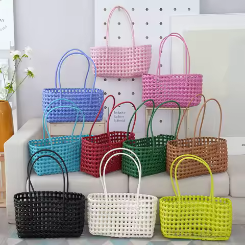 Handwoven Large Capacity Hollow out Square Beach Bag Women's Vacation Tote Bag Street Style PVC Woven Bag Grid Trend