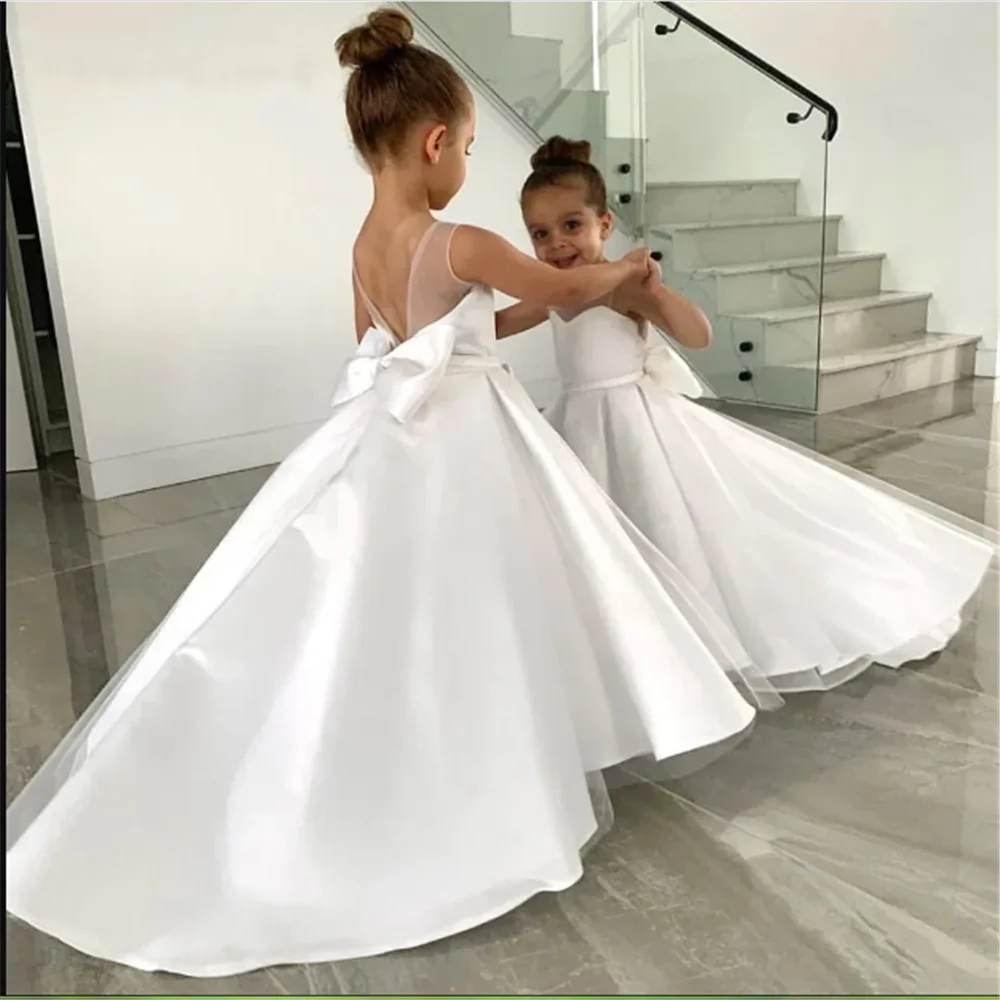 Kind Blumen mädchen Kleider für Hochzeiten Satin A-Linie Tüll Bogen lange Brautjungfer Festzug Robe Erstkommunion Kleid